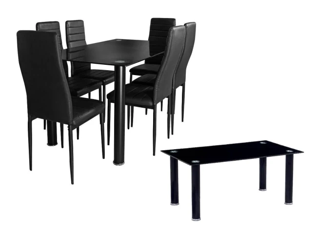 Elegance Pack: Tempered Glass Dining Table + 6 Faux Leather Chairs + Tempered Glass Coffee Table