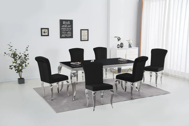 160cm Tempered Glass Table + 6 Black Velvet Chairs. Dining or Kitchen