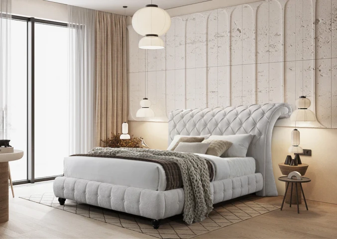 Double Bed with Somier and Capitone Headboard 150x200cm