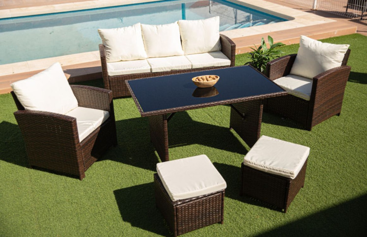 Sofa + Table + 2 Armchairs + 2 Poufs in Synthetic Rattan – Garden and Terrace Furniture