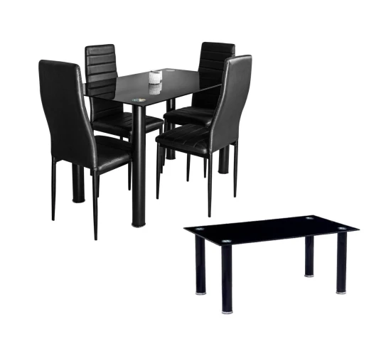 Elegance Pack: Tempered Glass Table + 4 Faux Leather Chairs + Tempered Glass Coffee Table